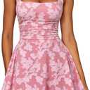 Kaximil Women's Square Neck Floral Ruffle A Line Mini Dress (Pink, S)
