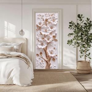 arricraft 2 Pcs Self-Adhesive Door Sticker, 31.5"x78.7" 3D Flower and Golden Branch Door Murals Stickers PVC Removable Wallpaper Decoration for Bedrooms Living Room