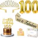 100th Birthday Decorations for Women with 100th Birthday Sash and Crown, Number Balloons, Birthday Card, Cake Topper and Candles, Happy 100 year old Female Gifts for Her, Gold