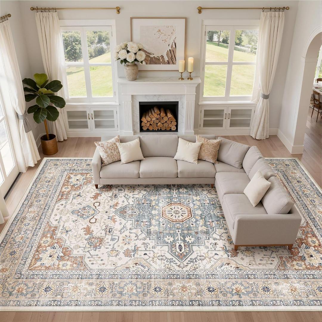 10x12 Area Rug Living Room: Washable Boho Large Neutral Vintage Soft Rugs Stain Resistant Distressed Farmhouse Non-Slip Indoor Floor Carpet for Bedroom Nursery Kids Office Dining Room- Beige Blue