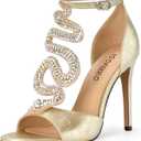 100FIXEO Women's Elegant Gold Rhinestone Snake T-Strap Open Toe High Heels Stiletto Heeled Sandals Peep Toe Sexy Party Shoes (8)