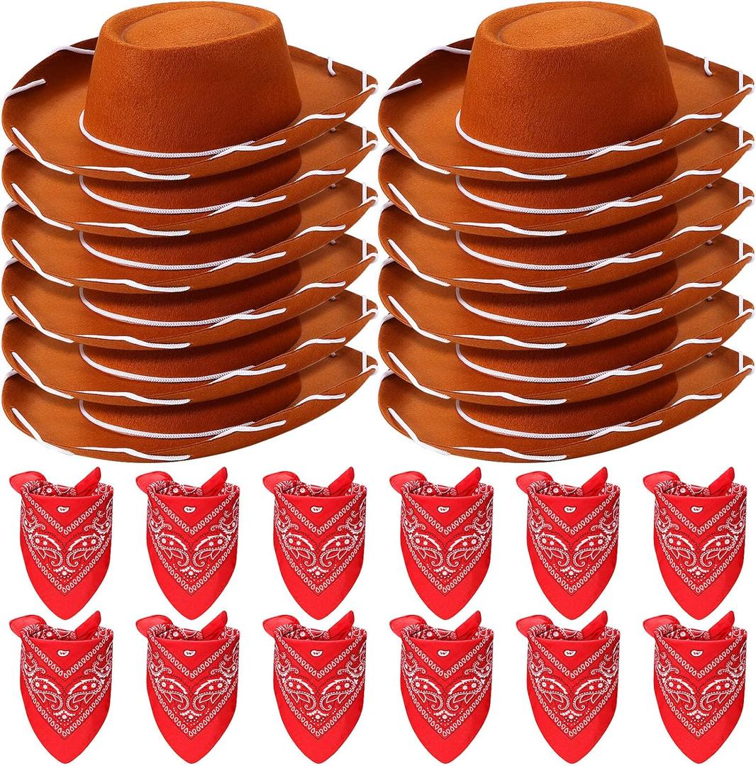 24 Pieces Cowboy Hats and Bandanas for Kids Western Cowboy Costume Hat Accessories for Toddler Child Western Theme Birthday Party Supplies Halloween Costume Dress(Brown, Red)
