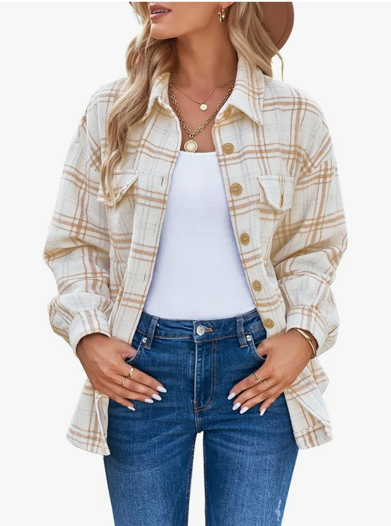 Womens Shacket Jacket Oversized Plaid Flannel Button Down Shirt Jackets Long Sleeve Coats Size Large