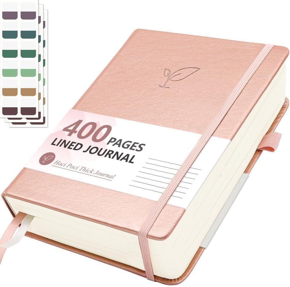 Hoci Poci Lined Journal Notebook, 400 Pages Thick Journal for Writing, A5 Hardcover Leather Notebook with 100Gsm College Ruled Paper for Women Men Work Note taking, 5.8" x 8.4", Rose Gold