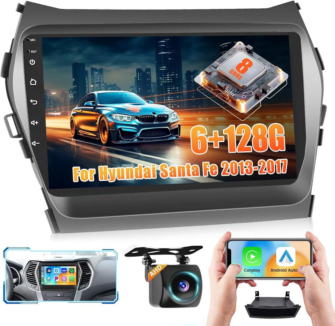 8Core 6+128G Car Radio for Hyundai Santa Fe IX45 2013-2017:Android 15 Car Stereo with Wireless Carplay Android Auto, 9'' IPS 1280 * 720 Touch Screen Bluetooth 5.0 Radio for Santa Fe with DSP GPS