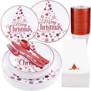 Morejoy 175PCS Christmas Plastic Dinnerware Set - White/Red Plates & Red Plastic Silverware Include 25 Plates, 25 Cups, 25 Forks, 25 Knives, 25 Spoons, 25 Napkins Perfect for Holidays
