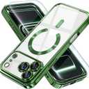 Misea Magnetic for iPhone 17 Pro Case Compatible with MagSafe [Never Yellowing] [Military Grade Drop Protection] Full Camera Lens Protector Plating Soft Clear Phone Case for Women, Green