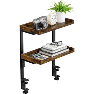 Clamp On Desk Shelf 2-Tier, Wood Shelving Unit for Office Desk/Gaming Accessories, Tabletop Book Storage Rack, Shelf for Top of Desk, Brown
