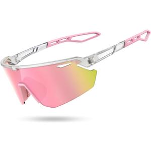 Lamicall 24g Polarized Sports Sunglasses for Men Women - UV400 Protection Sun Glasses Gifts for Running Cycling Baseball (Transparent Frame-pink Lens)