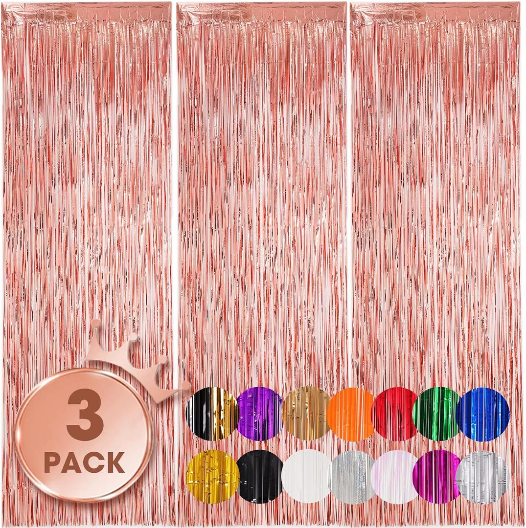 Voircoloria 3 Pack 3.3x8.2 Feet Rose Gold Foil Fringe Backdrop Curtains, Tinsel Streamers Birthday Party Decorations, Fringe Backdrop for Graduation, Baby Shower, Gender Reveal, Disco Party