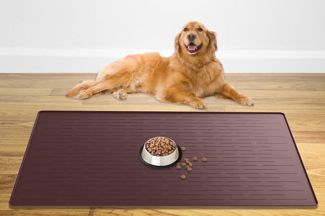 XXXL Pet Food Mat, 48" x 32" Largest Silicone Dog Mats for Food and Water, Nonslip Pet Feeding Mats for Floors,Dog Cat Bowl Mat with Raised Edges, Drak Brown