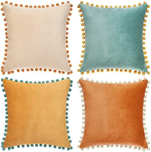 MONDAY MOOSE Decorative Throw Pillow Covers Cushion Cases, Set of 3 Soft Velvet Pom Poms Double-Sided Designs, Mix and Match for Home Decor, Pillow Inserts Not Included (20x20 inch, Orange/Teal)