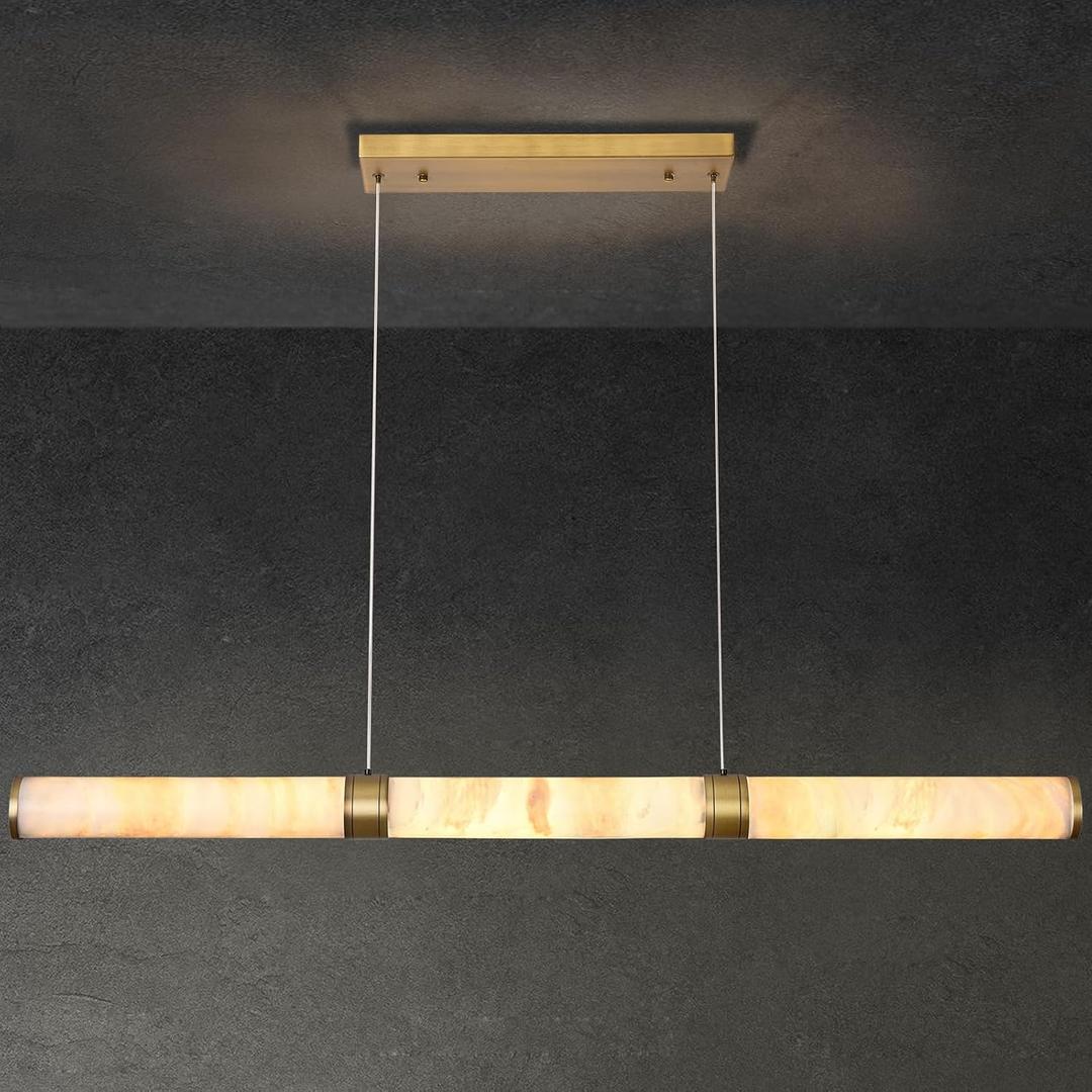 47.2 Cylinder Alabaster Chandelier,Gold Marble Dining Room Chandeliers,Brass Linear Chandelier Over Table, Gold Ceiling Light Chandelier for Kitchen Island Living Room Bedroom Foyer