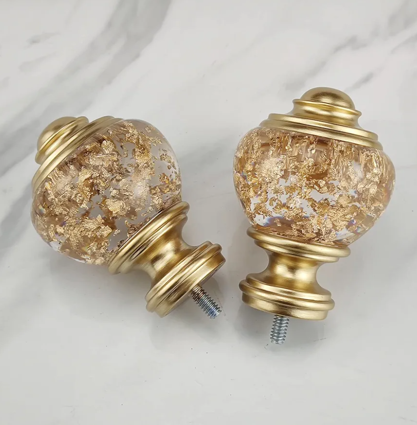 Decorative Curtain Rod Finials, Polyresin Round Gold Foiled Clear Finials, Set of 2, Compatible with 1 inch or 1-1/8 inch Dia Curtain Rod, Standalone Finial Pair