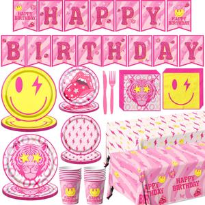 143pcs Preppy Birthday Decorations-Pink Smiley Face Plates Napkins Tablecloths Y2k Tableware for Girls Bachelorette Birthday Party Supplies