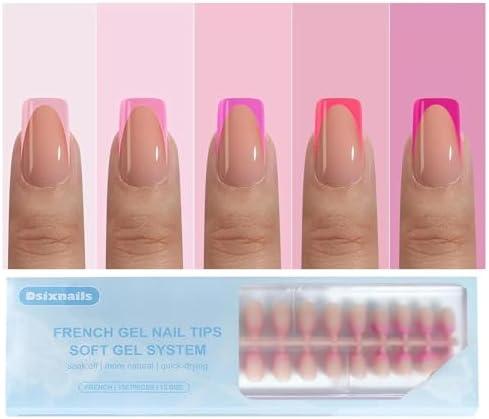 Dsixnails French Tip Press on Nails, 150Pcs Soft Pink Short French Gel Nail Tips, Pre-lasting Soak Off Square Acrylic Fake Nails, No Need to File False Nail Tips Extension for Women Nails, 15Sizes