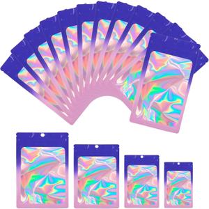 100 PCS Holographic Resealable Foil Mylar Pouches, Food Safe Storage Bags for Jewelry, Candy, Snack & Small Business Sample Packaging(4.1"x5.9", Blue Purple)