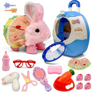 14Pcs Hopping Bunny Toy, Walking & Talking Rabbit in Suitcase Animated Stuffed Animal with Removable Clothes & Accessories, Pretend Play Pet Set, Easter Gift for Girls 3-6