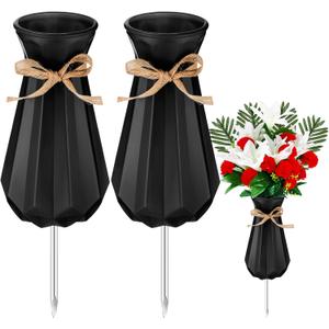 Qinyoung 2 Pcs Cemetery Vase for Grave with Metal Spikes Headstones Memorial Flower Holder Durable Plastic Grave Vases Outdoor Cemetery Decoration for Memorial Gifts Loss of Loved One(Black) 9''