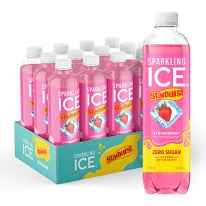 Sparkling Ice STARBURST Strawberry, Zero Sugar Flavored Sparkling Water, with Vitamins and Antioxidants, Low Calorie Beverage, 17 fl oz Bottles (Pack of 12), Best by 02/02/25