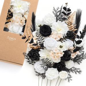 Ling's Moment Fake Flowers Box, Faux Greenery Stems Silk Dahlia Artificial Roses Eucalyptus for Wedding Bouquets Centerpieces Table Decorations Floral Arrangement, White & Black, Deluxe Combo