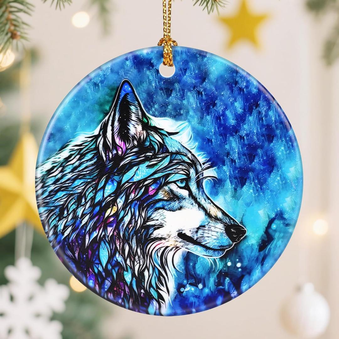 2 x Ceramic-Style Christmas Tree Decorations, Christmas Ornaments, Double-Sided Printed Ornament Keepsakes, Holiday Decor. Xmas Gifts, Gifts for Wolf Lovers - Wolf-Themed