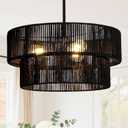 Black Boho Rattan Chandelier 18'' Hand Woven Chandelier Light Fixture 3-Light Farmhouse Drum Pendant Light for Dining Room Bedroom Kitchen Hallway Foyer, 18" 2-Layer