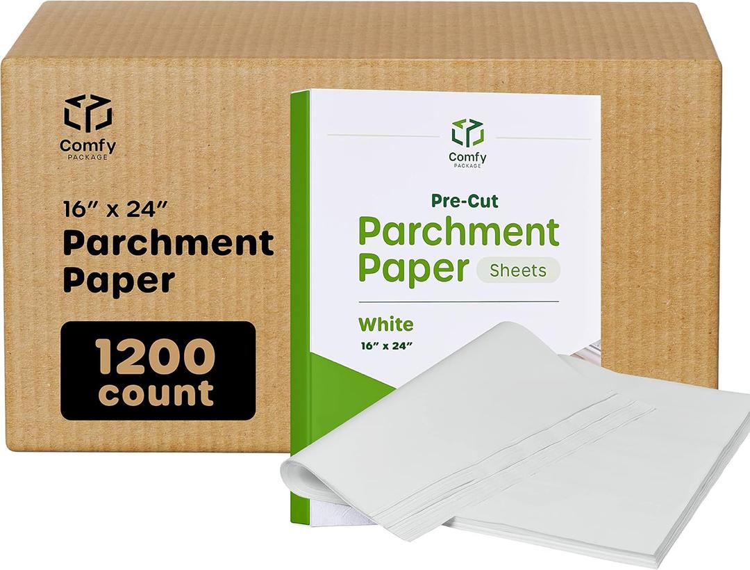 Comfy Package [Case of 1,200] 16 x 24 Inch Pre-Cut Parchment Paper Baking Sheets, Non-Stick - Parchment Paper Sheets for Baking & Cooking - White