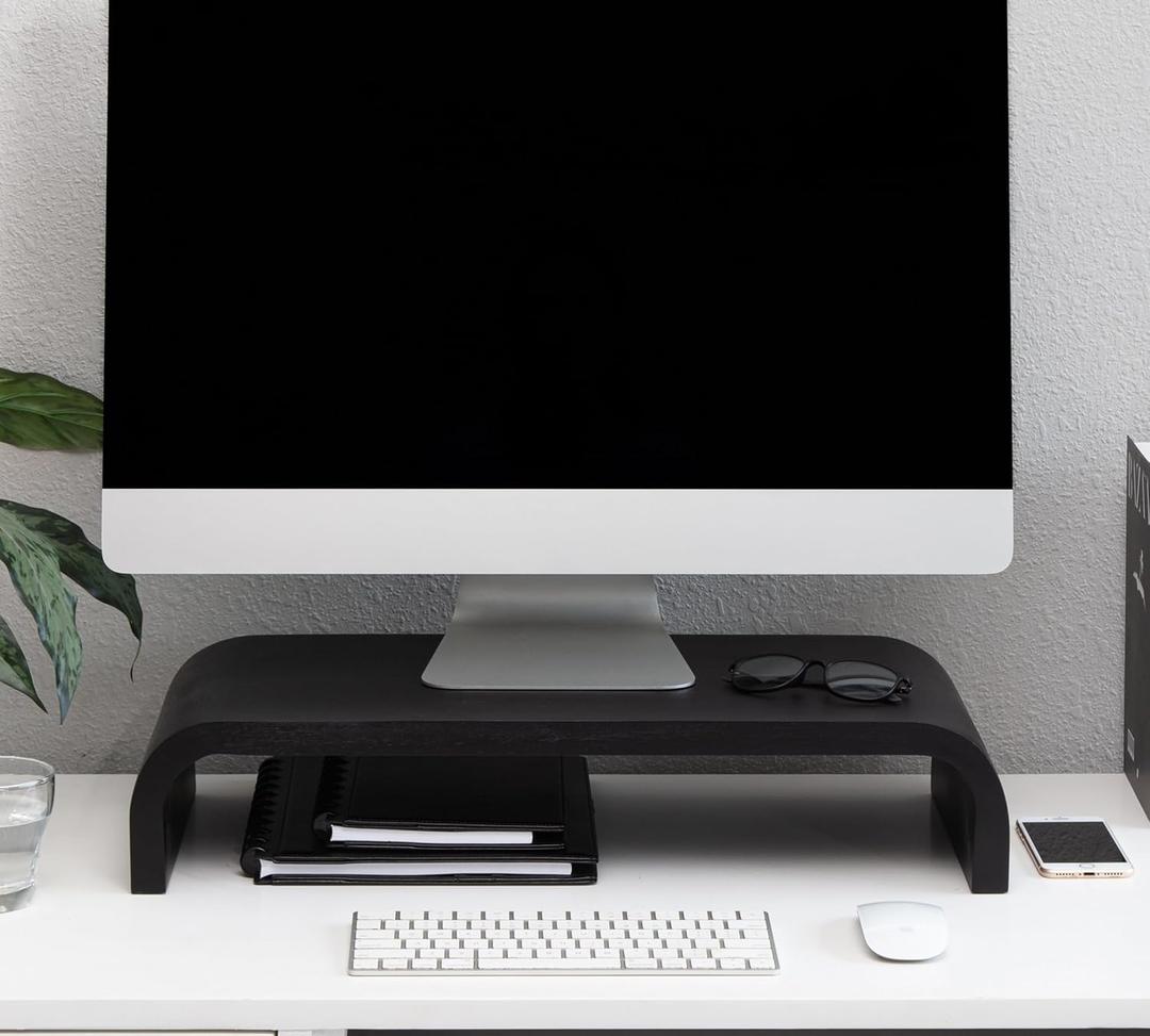 Anji Mountain Wood Monitor Stand Riser Desk Desktop Organizer Table for Home, Office Workspace, Laptop Riser, Ergonomic Design Stand for Gaming Setup, Black (Basic Stand)