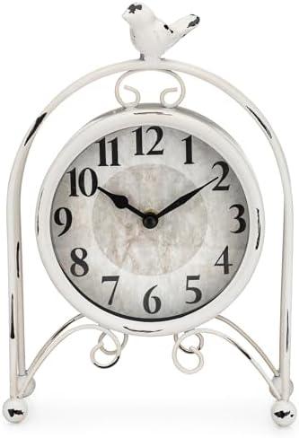 Westclox Vintage Style Bird Table Clock – Decorative Metal Desk Clock, Battery Powered, Retro Home Accent for Living Room, Bedroom, or Office (White)
