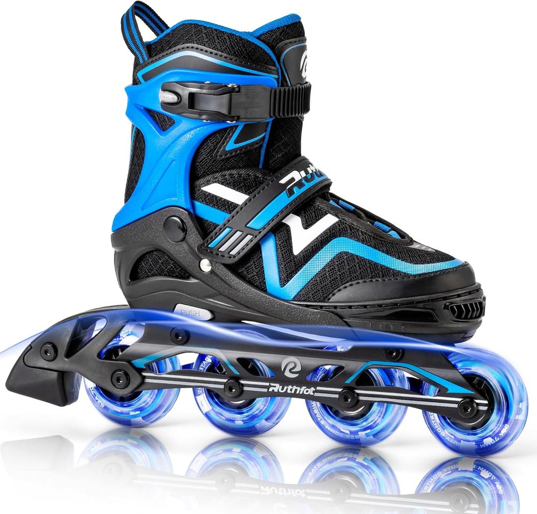 Ruthfot Adjustable Inline Skates for Boys and Girls with Full Light Up Wheels, Outdoor Rollerskates for Kids and Women (Large - Youth (4-8.5 US), Blue)