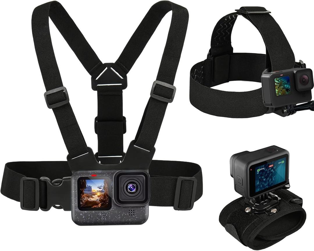 GOLRTRAL 3 in 1 Accessories Set for GoPro Hero 12/ 11/ 10/ 9/ 8/ 7/ / 6/ 5/ 4/ 3 Black, Chest Mount Harness/ Head Strap Mount/ 360°Rotating Wrist Strap, Adjustable Flexible Mount Kit