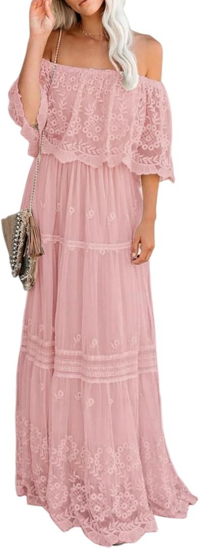 Women's Casual Off Shoulder Lace Maxi Dress Boho White Bridesmaid Wedding Evening Party Dresses (XX-Large, 01 Pink)