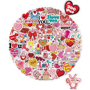 kecristv 300 Pcs Valentines Stickers for Kids, Valentines Party Favors, Bulk Crafts Prizes & Goodie Bags Stuffers, Waterproof Vinyl Water Bottle Stikers Pack