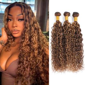 Highlight Water Wave Human Hair Bundles Ombre Honey Blonde Curly Wavy, 4/27 Brown Highlighted Wet and Wavy Bundle Weave, Soft 12A 100% Virgin Hair 3 Bundles 14 Inch