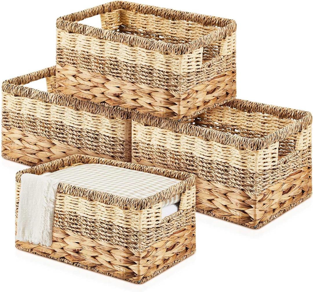 Suzile 4 Pcs Wicker Storage Basket Water Hyacinth Seagrass Woven Baskets for Organizing Square Wicker Storage Cubes with Handles Natural Organizer Baskets Pack for Shelves Bedroom, 12 x 8 x 6.3 Inch (Medium) Suzile 4 Pcs Wicker Storage Basket Water Hyacinth Seagrass Woven Baskets for Organizing Square Wicker Storage Cubes with Handles Natural Organizer Baskets Pack for Shelves Bedroom, 12 x 8 x 6.3 Inch (Medium)