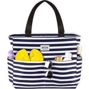 HOMESPON Large Waterproof Beach Bag for Women Sandproof Tote Bag Pool Bag with Zipper and Pockets for Travel Vacation Gym (Blue Stripes)