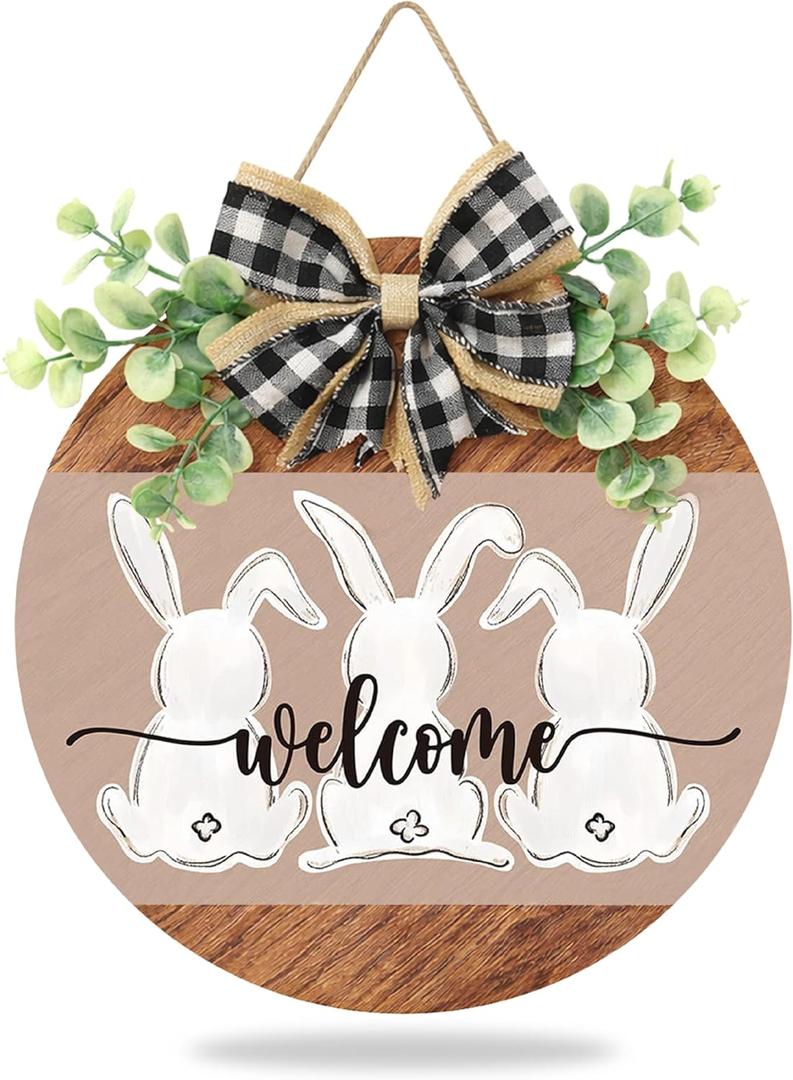Easter Wreath for Front Door, Easter Bunny Rabbit Wreath with Bow Door Decoration for Home Wood Door Sign Hanger Decor Spring Welcome Farmhouse Rustic Holiday Home Hanging Decoration (Multicolor)