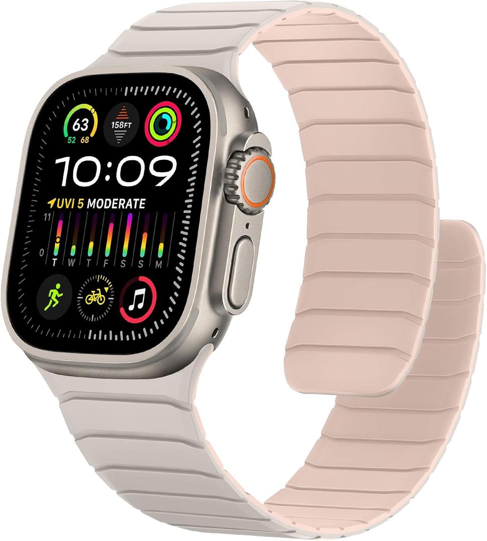 Magnetic Silicone Bands Compatible with Apple Watch 49mm 46mm 45mm 44mm 42mm, Sport Wristband for Men Women Compatible with iWatch Ultra3 2 1 SE Series 11 10 9 8 7 6 5 4 3, Starlight-Pink