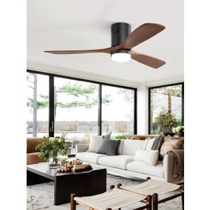 Sofucor 52 Inch Ceiling Fan with Lights and Remote, Flush Mount Low Profile Wood Ceiling Fan for Indoor Farmhouse Bedroom Living Room Outdoor Patio Porch, 3 Blades, Reversible DC Motor, Brown