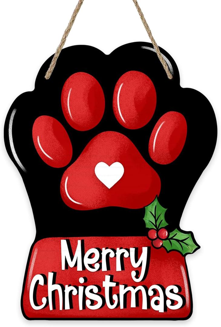 Merry Christmas Dog Cat Paw Front Door Sign, Xmas Wood Door Hanger Outdoor Porch Decor, Winter Holiday Wooden Wreath Indoor Wall Hanging Decoration Pet Lover Gifts (Red)