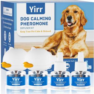 Dog Calming Pheromone Diffuser Kit, 120 Days Long Lasting Calming Diffuser for Dogs, Relieves Anxiety, Barking, Fighting, Destructive Behavior & Accidental Peeing, 2 Diffusers 4 Refills, Odorless