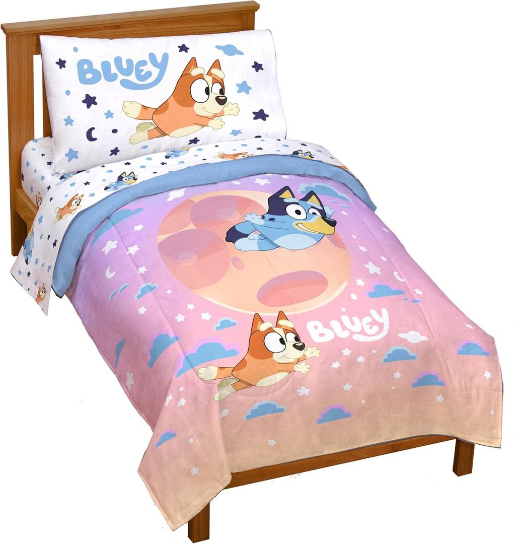 Jay Franco Bluey & Bingo Toddler Comforter Set - 4 Piece Bed Set Includes Sheet Set & Pillow Covers - Super Soft Clouds & Stars Kids Bedding (Multi - Bluey)