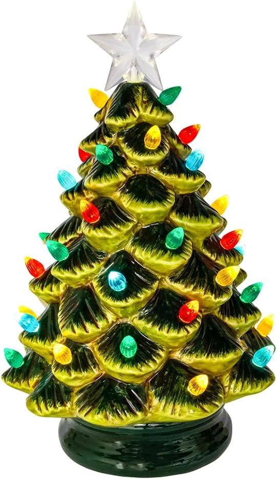 Kurt Adler 12-inch Battery Operated LED Lighted Ceramic Green Tree Table Piece