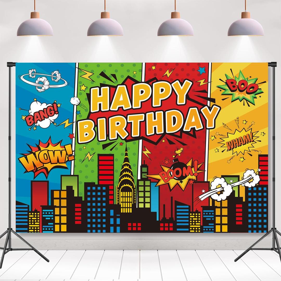 7x5ft Cartoon Super City Backdrop Superhero Birthday Theme Decoration Banner for Children Boys Heros Comic Party Decorations Urban Cityscape Night View Boom City Buildings Background