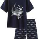 MyFav Big Boys Pajamas 2 Piece Short PJS Cute Cartoon Sleepwear Navy, 10Y