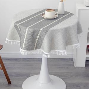 Small Waterproof Cotton Linen Washable Tablecloth Farmhouse Wrinkle Free Round Burlap Table Cloths 36 Inch Grey Heavy Weight Table Cover with Tassels for Bedside Tables Home Decoration