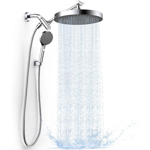 FASDUNT High Pressure Rain Shower Head with Handheld Spray Combo, 10" Rainfall Shower Head with Adjustable Integrated Extension Arm, Detachable Dual Shower Heads with 80" Long Stainless Steel Hose (Premium Chrome)