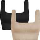 INIBUD Women's Sports Bra Padded Workout Set Crop Tank Tops Bralette Ribbed Seamless Gym Longline (Medium, Black+beige)