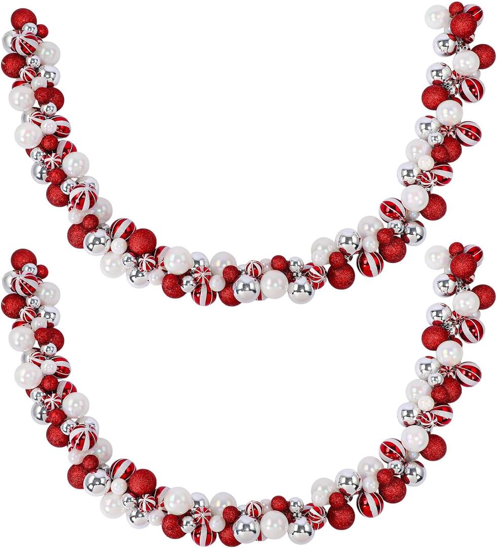 2 Pcs Christmas Balls Garland 6 ft Hanging Ornaments Xmas Balls Decorations with 2 Pcs 10 Feet LED Lights Indoor Outdoor Tree Mantel Wedding Decoration(Candy)